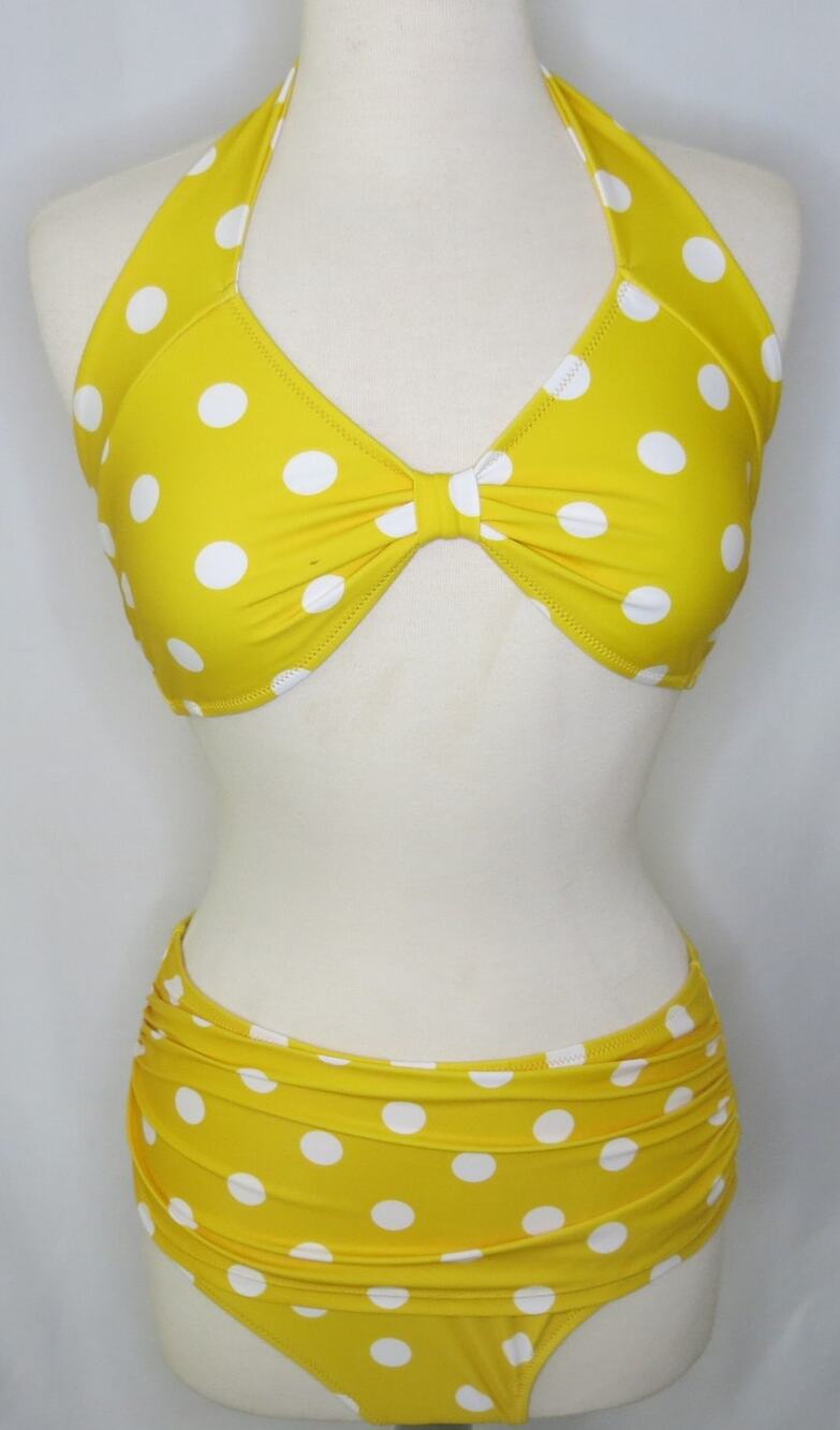 Bikini Set Yellow Polka Dot High Waist Tummy Control Size L Halter Vacation Swim